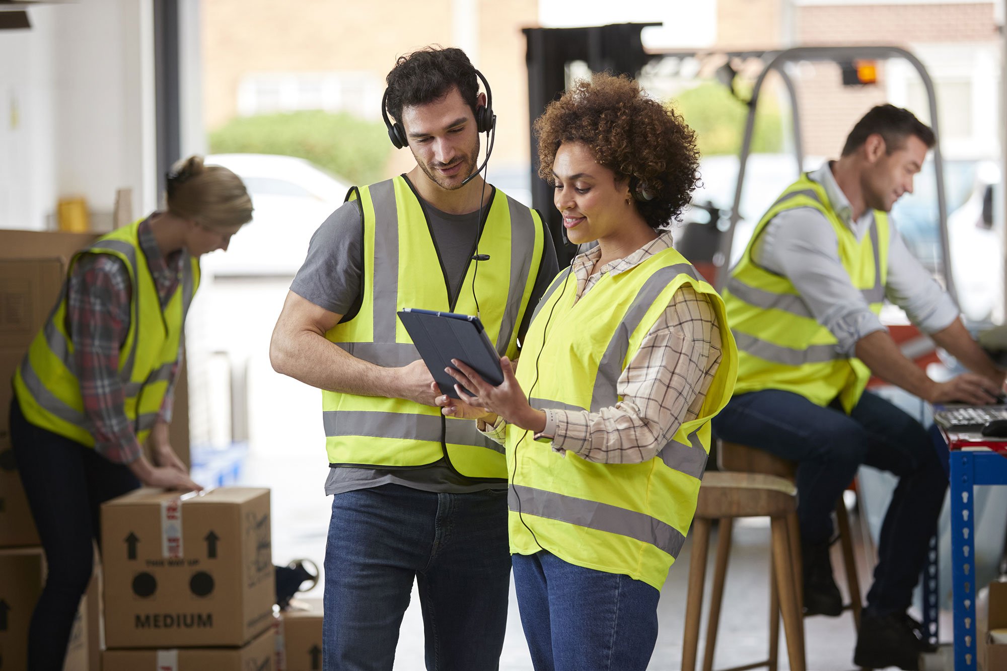 Male And Female Workers Wearing Headsets In Logistics Distribution Warehouse Using Digital Tablet